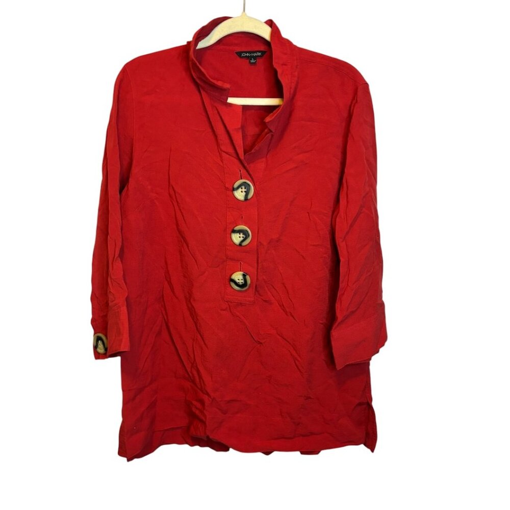 John‎ Mark Blouse Women's Large Artsy Abstract Boho Wire Collar Cottagecore Red